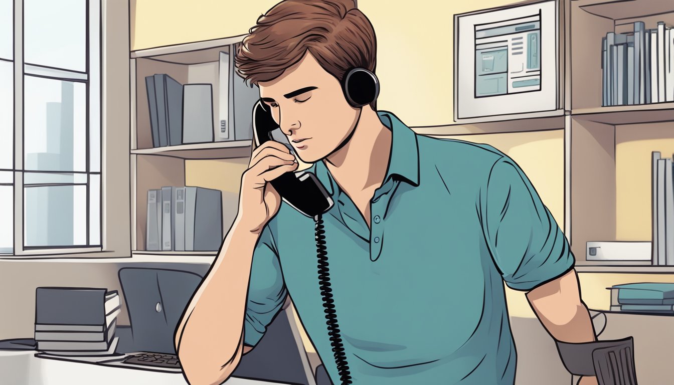 A person holding their chest, while using a phone to call for help