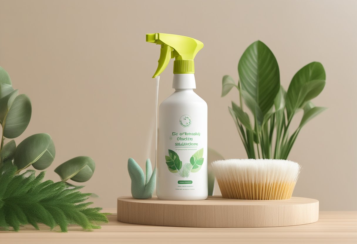 Eco-friendly cleaning solutions sit on a wooden shelf, surrounded by green plants. A reusable spray bottle and a biodegradable cleaning brush are displayed next to a recyclable packaging