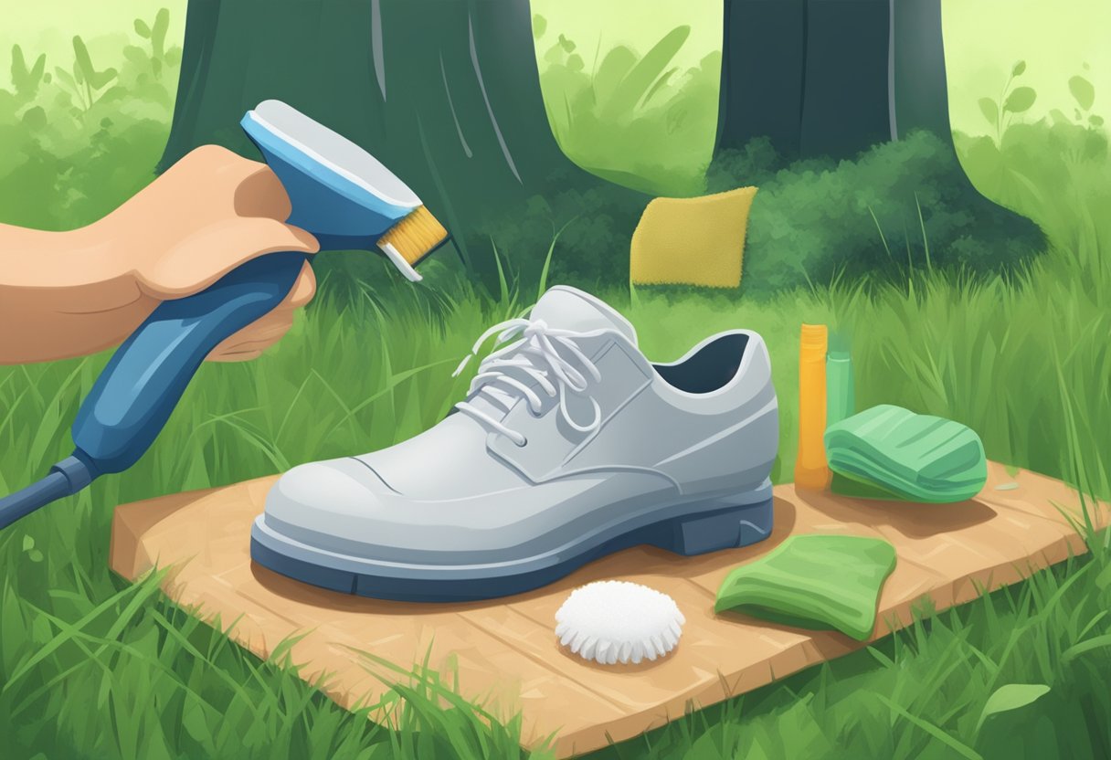 A shoe cleaning scene with biodegradable soap, a soft brush, and a towel on a grassy surface surrounded by trees