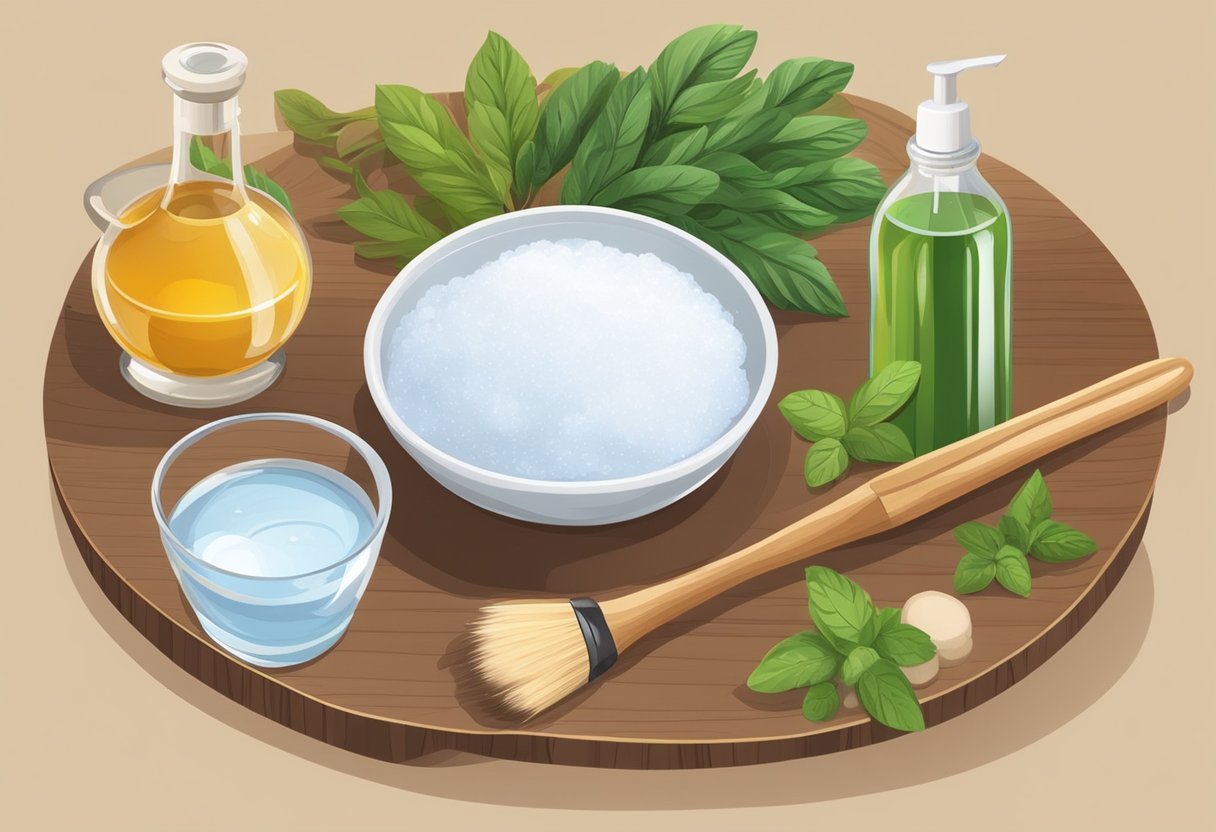 A wooden table with various natural ingredients like vinegar, baking soda, and essential oils. A bowl of water and a soft brush are also present