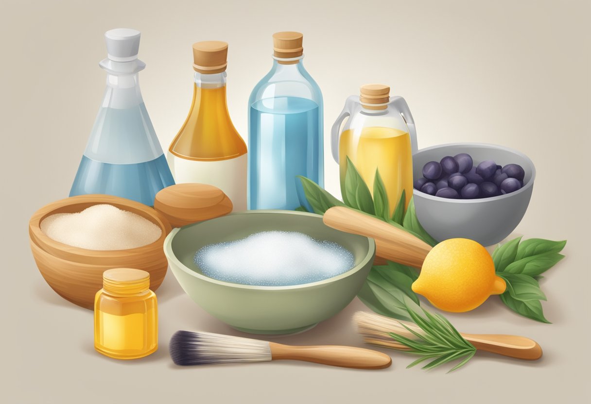 A table with natural ingredients like vinegar, baking soda, and essential oils. A bowl of water, a brush, and a cloth are also present