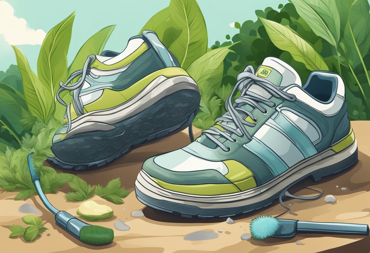 A pair of dirty shoes being cleaned with eco-friendly products on a natural surface, surrounded by greenery and clear skies