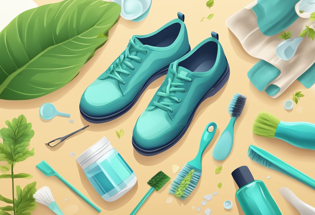 A pair of eco-friendly shoes being gently cleaned with a natural solution, surrounded by sustainable cleaning tools and materials