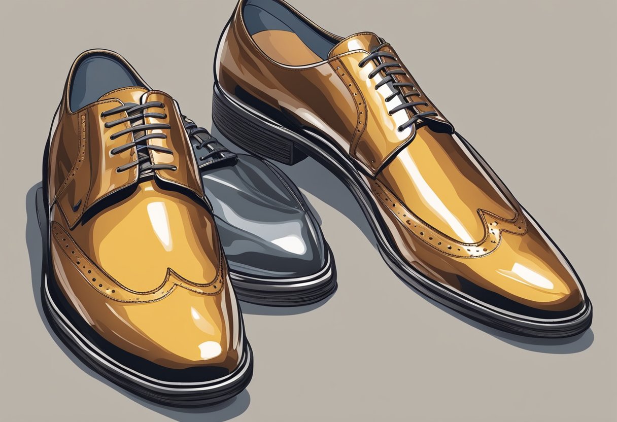 Patent leather shoes with scuff marks being gently cleaned with a soft cloth and mild leather cleaner, leaving them shiny and mark-free