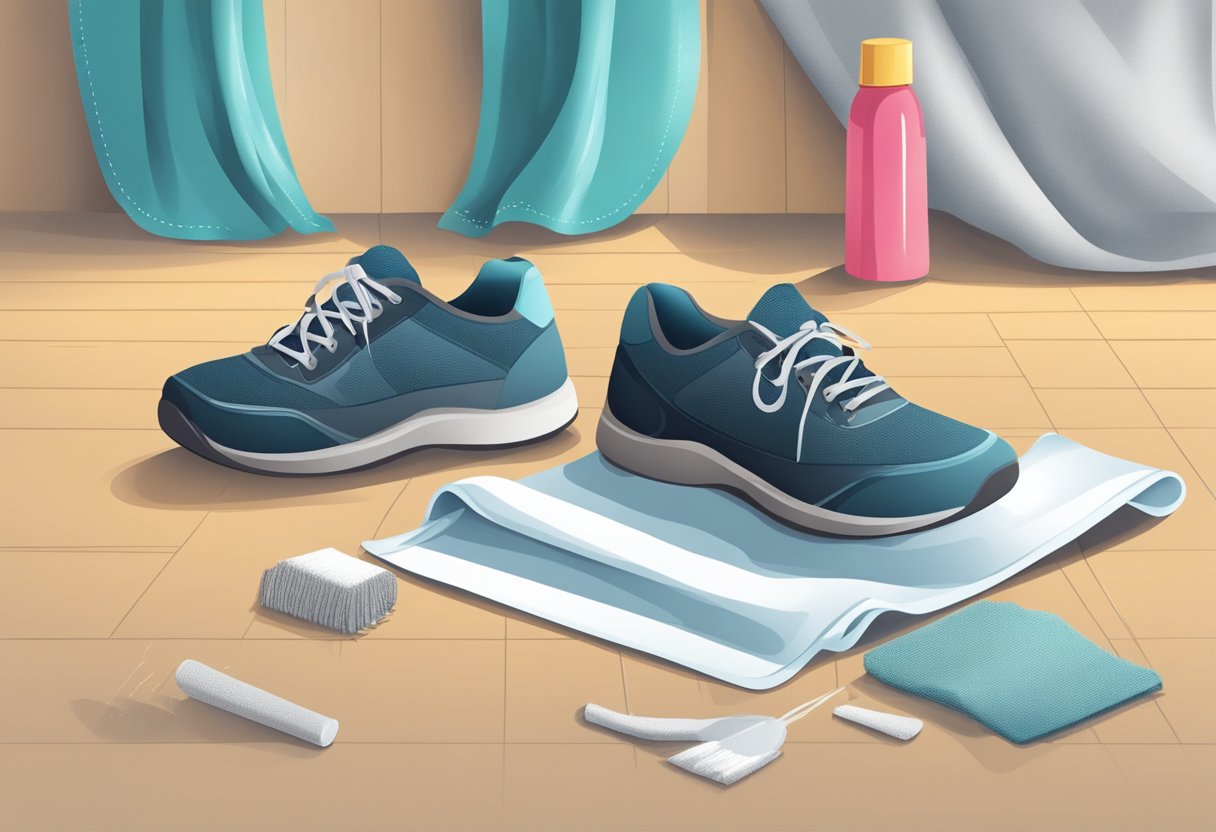 Shoes placed on a mat with a spray bottle and cleaning cloth nearby