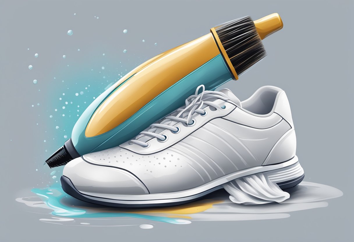 A shoe being quickly wiped with a wet cloth, then dried with a hairdryer. Spray bottle and brush nearby for tougher stains