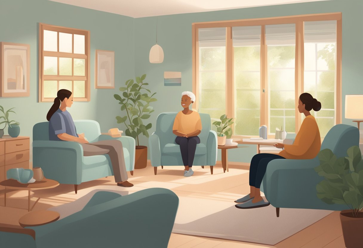 A serene room with soft lighting, comfortable furniture, and soothing decor. A caregiver provides compassionate care to a patient, surrounded by supportive family members