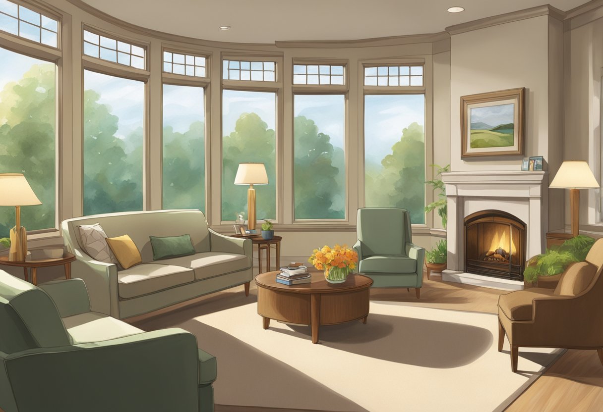 A serene room in a Cleveland hospice, with soft natural light streaming in through large windows, comfortable furniture, and a peaceful atmosphere