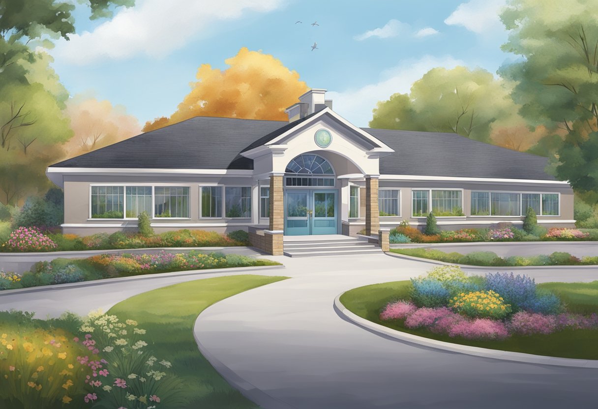 A serene hospice facility in Cleveland, Ohio, with a welcoming entrance, peaceful gardens, and compassionate staff attending to patients' needs