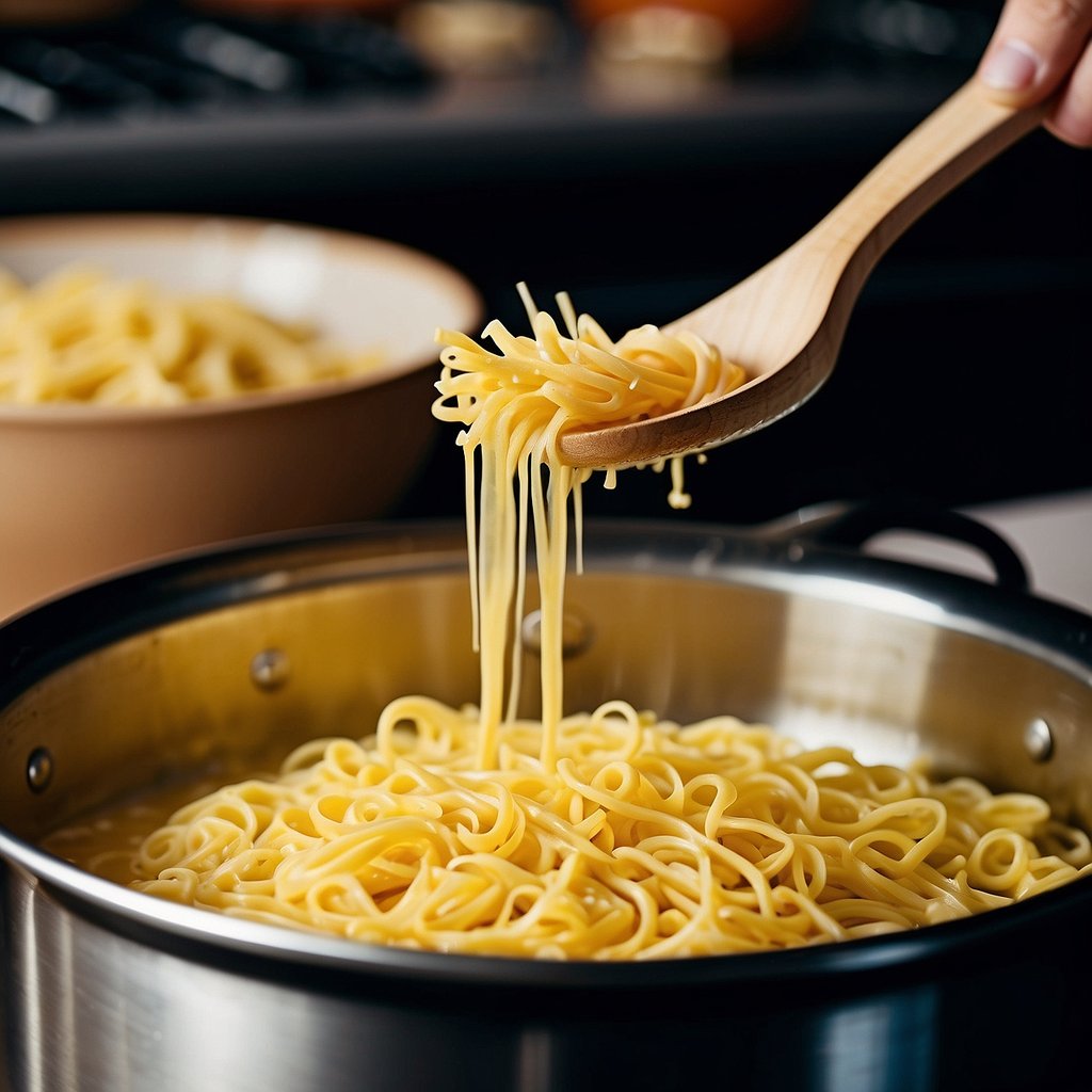 A pot of boiling water, pasta being stirred, cheese being grated, and a creamy sauce being mixed in a pan