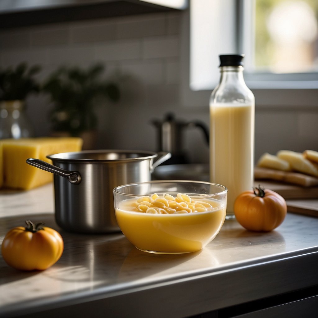 A pot of boiling water, a box of macaroni, a block of cheese, and a measuring cup of milk on a kitchen counter