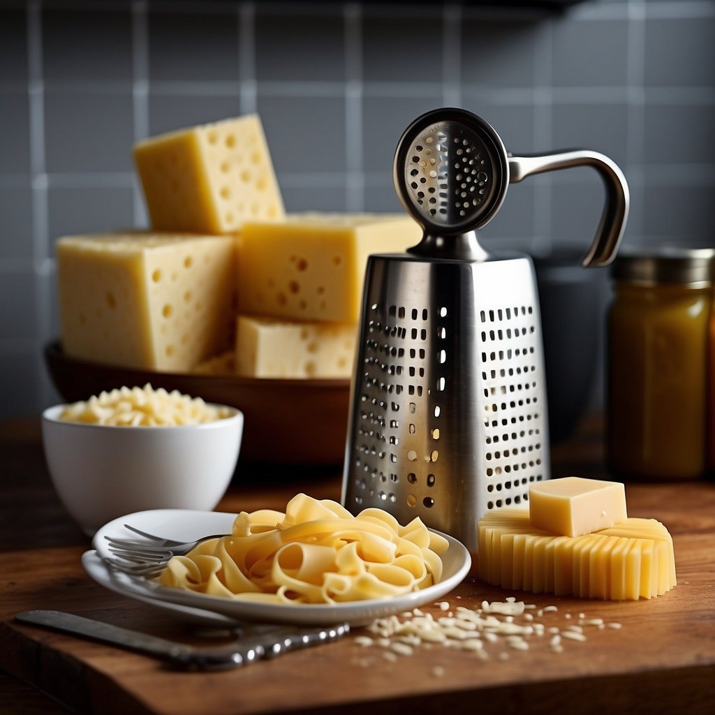 A pot of boiling water, a box of pasta, a block of cheese, and a grater on a kitchen counter