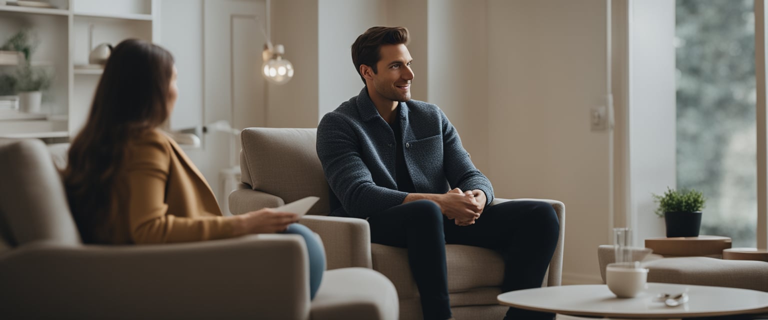 A couple sits facing each other in a cozy therapy room, engaging in conversation with a therapist present