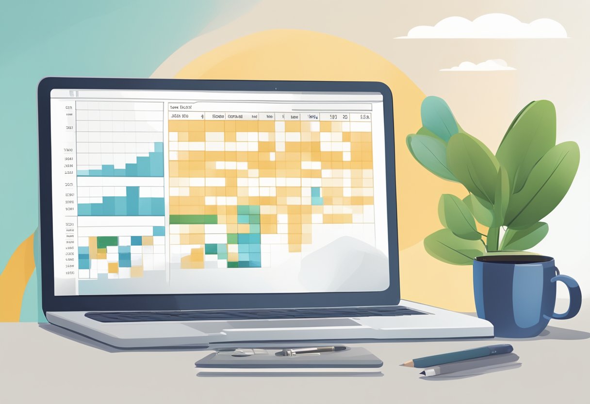 A desk with a laptop, calendar, and pen. A chart showing days of the week and content ideas. A mug of coffee and a plant in the background