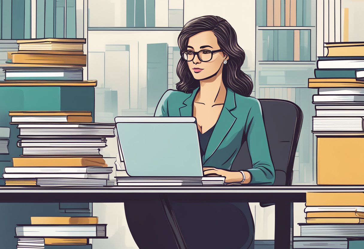 A woman sits at a desk, surrounded by business books and a laptop. She is deep in thought, planning and strategizing for her new business venture after turning 40