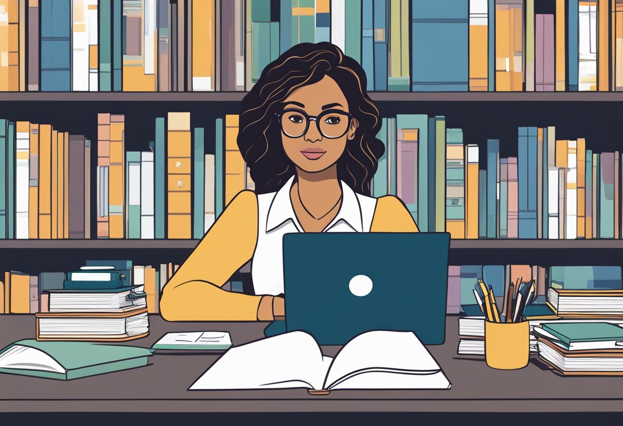 A woman sits at a desk, surrounded by business books and a laptop. She is researching low-investment business options, with a determined expression on her face