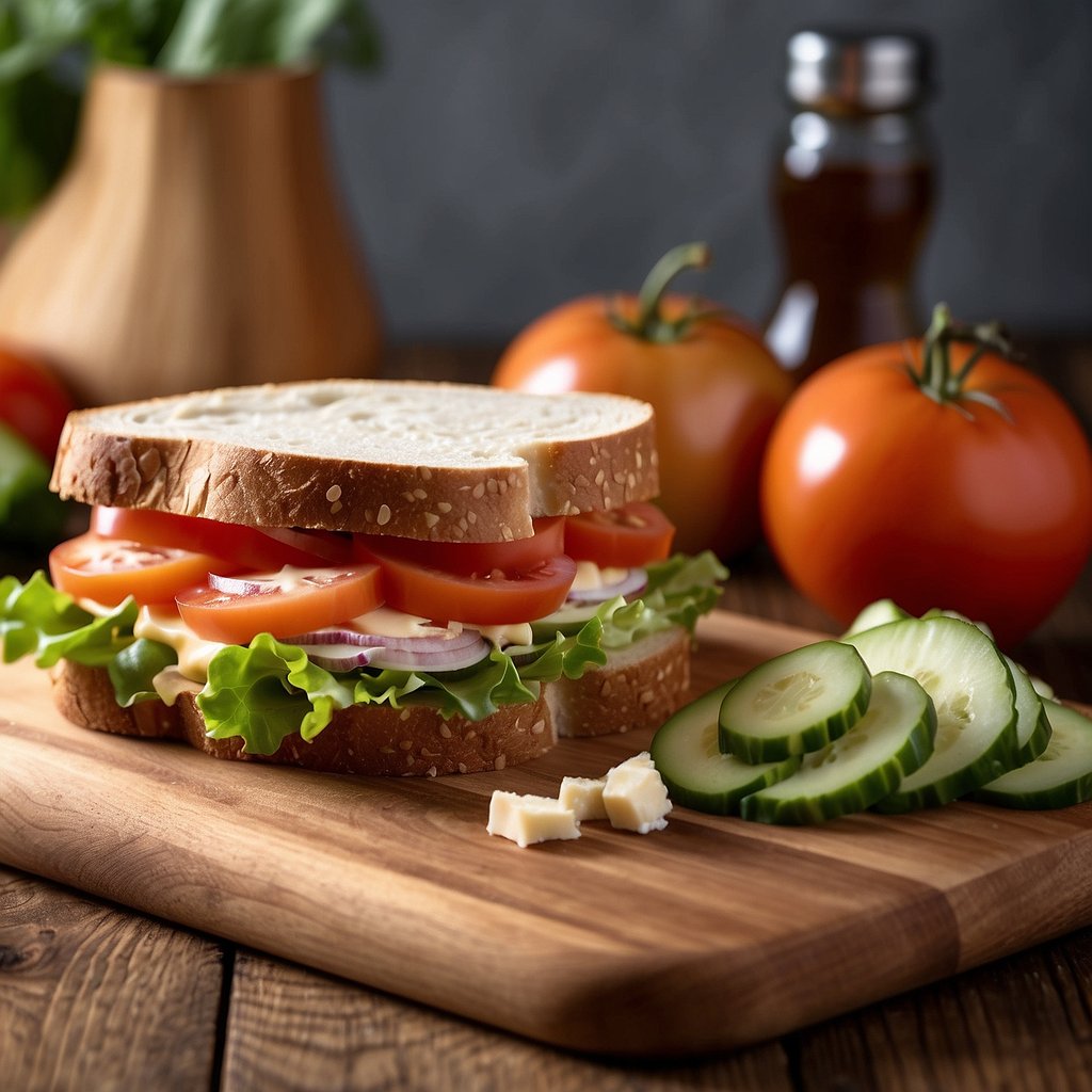 A turkey and cheese sandwich being prepared on a wooden cutting board with fresh ingredients such as lettuce, tomato, and slices of turkey and cheese