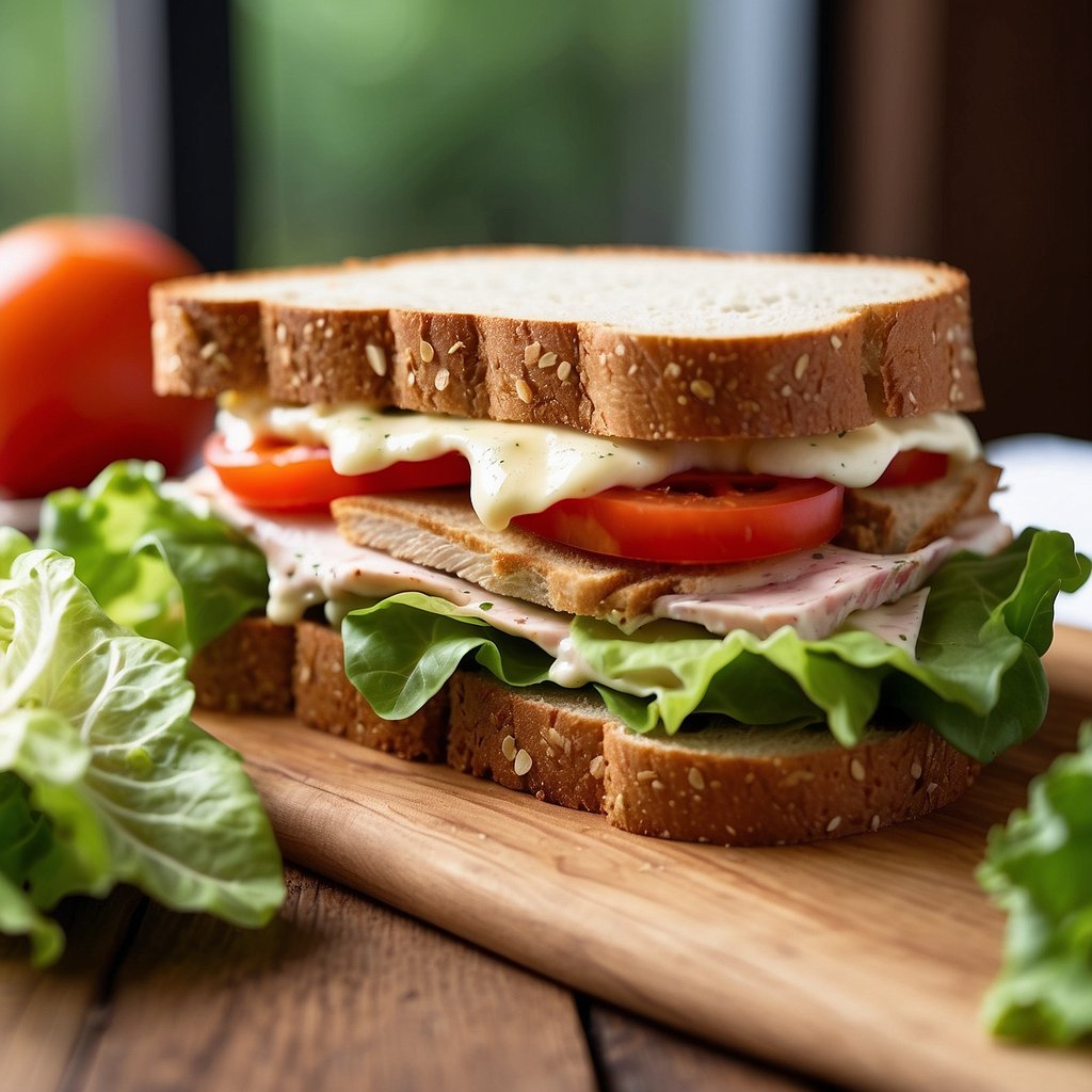 A turkey and cheese sandwich with lettuce, tomato, and mayonnaise on whole wheat bread