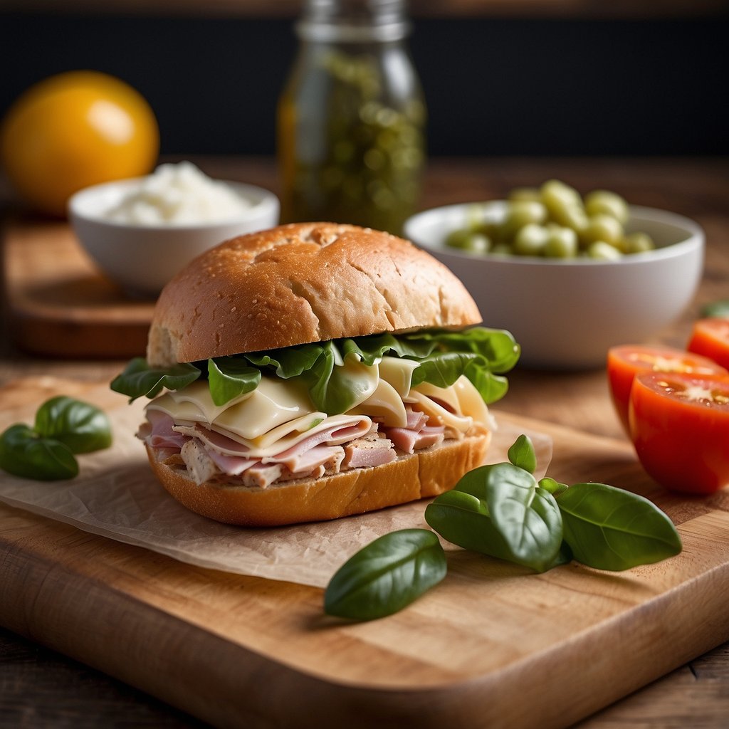 A turkey and cheese sandwich being prepared on a cutting board with ingredients arranged neatly