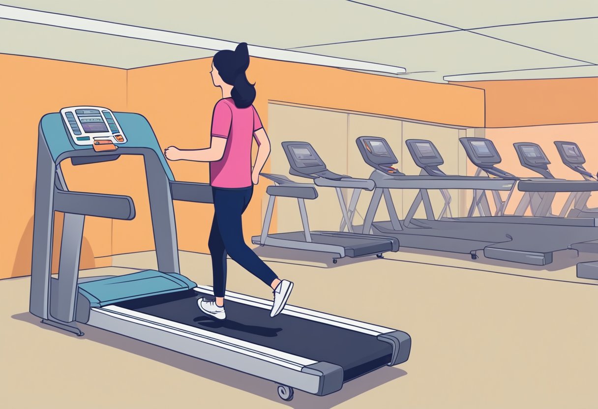 A person walks on a treadmill, reaching for a dangling carrot. Despite their efforts, they remain in the same spot, illustrating the concept of the hedonic treadmill