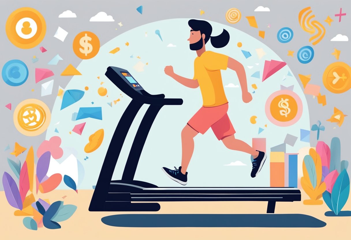 A person running on a treadmill, surrounded by symbols of success and happiness, but still feeling unsatisfied. Suggestions for breaking the cycle displayed nearby