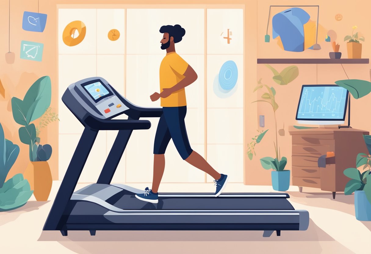 A treadmill with a frowning face on the display, surrounded by symbols of materialism and success, while a person walks on it with a look of disappointment