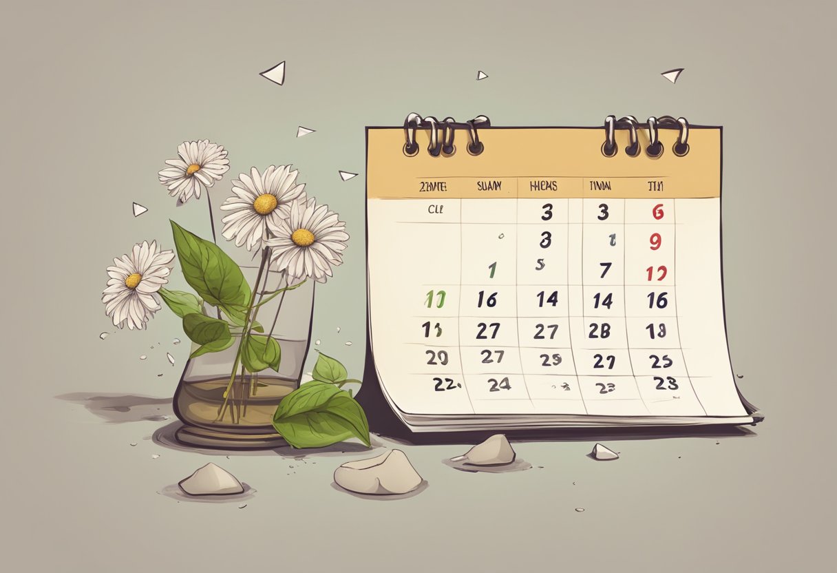 A calendar with the years counting down, a fading hourglass, and a wilted flower symbolizing mortality