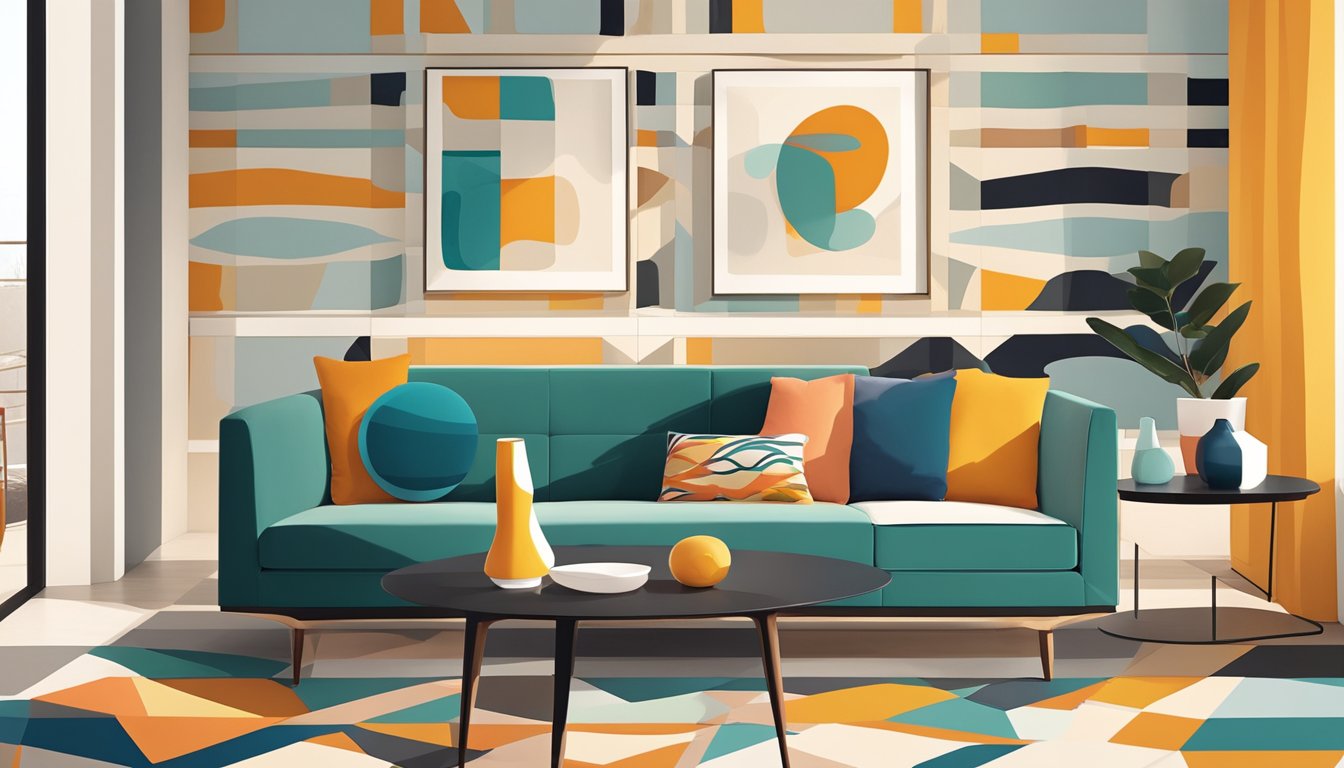 A sunlit living room with clean lines, minimalist furniture, and iconic mid-century modern decor. A sleek, low-profile sofa sits against a backdrop of geometric patterned wallpaper, while a statement piece of abstract art hangs on the wall
