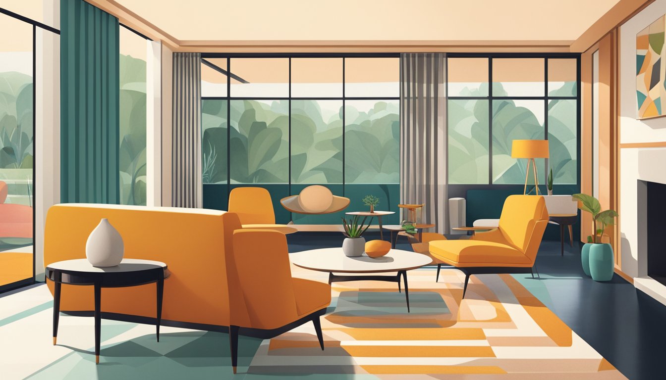 A mid-century modern living room with clean lines, organic shapes, and minimalistic furniture. Large windows allow natural light to fill the space, highlighting the iconic geometric patterns and bold colors of the era