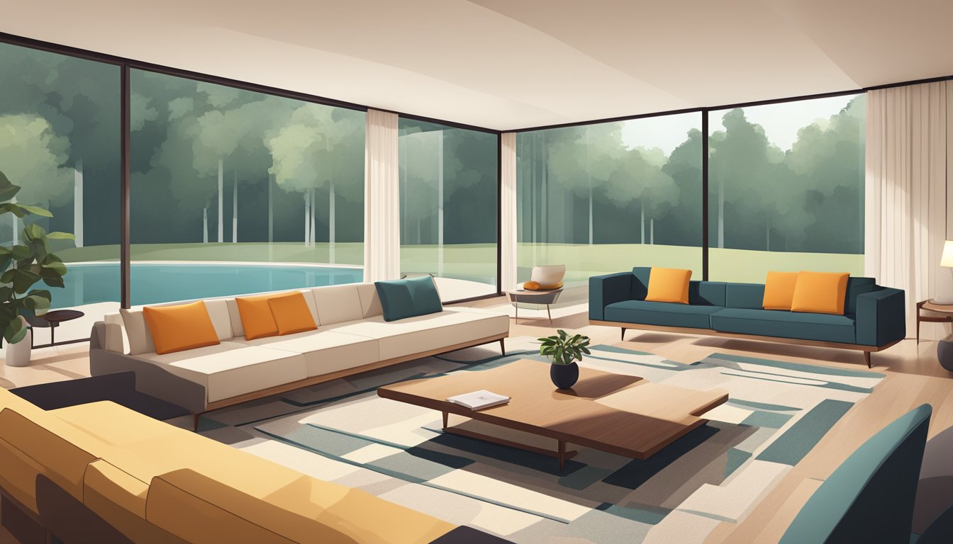 A mid-century modern living room with sleek furniture, clean lines, and minimalistic decor. A sunken conversation pit with a geometric rug, and large windows letting in natural light
