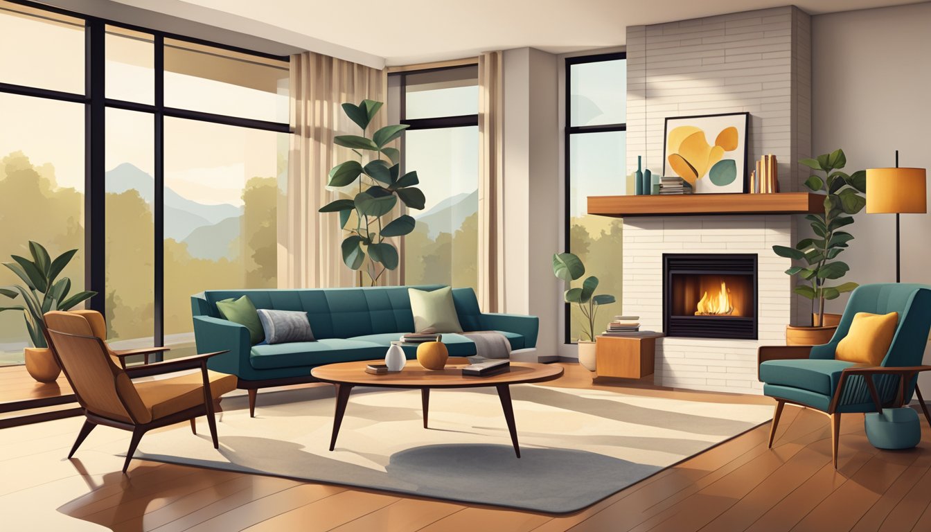 A mid-century modern living room with clean lines, iconic furniture, and warm wood tones. A sleek fireplace and large windows provide natural light