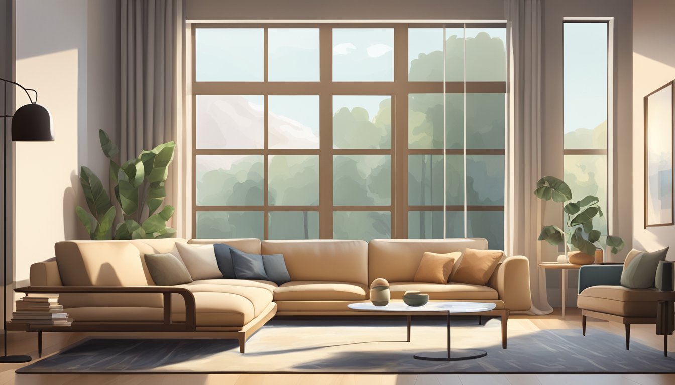 A cozy living room with a low height sofa, positioned in front of a large window with soft natural light streaming in