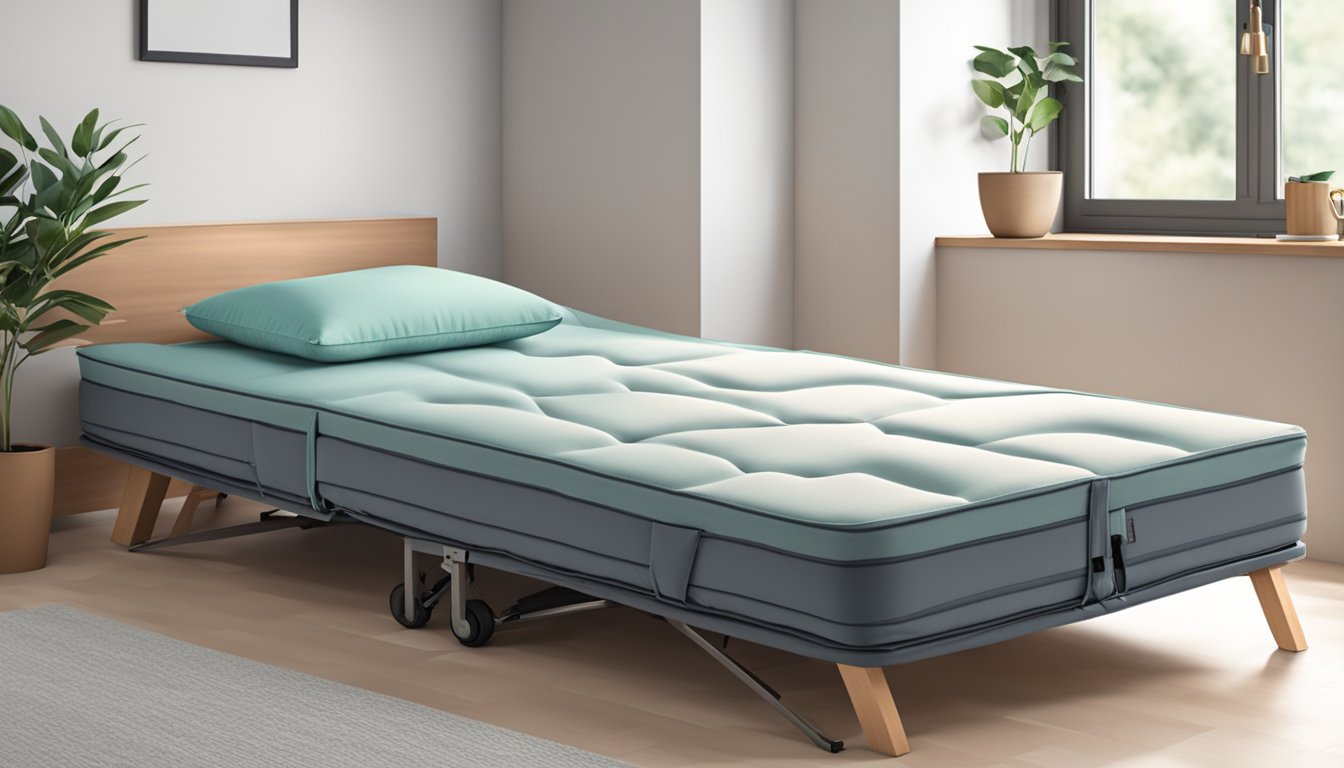 A foldable single bed mattress unfolds in a cozy living room, transforming from a compact bundle to a comfortable sleeping surface