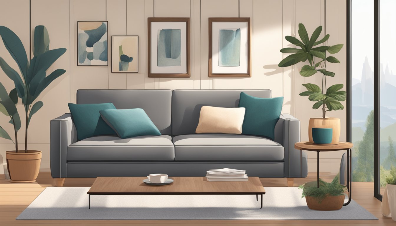 A low height sofa sits in a cozy living room, with soft cushions and warm blankets for added comfort