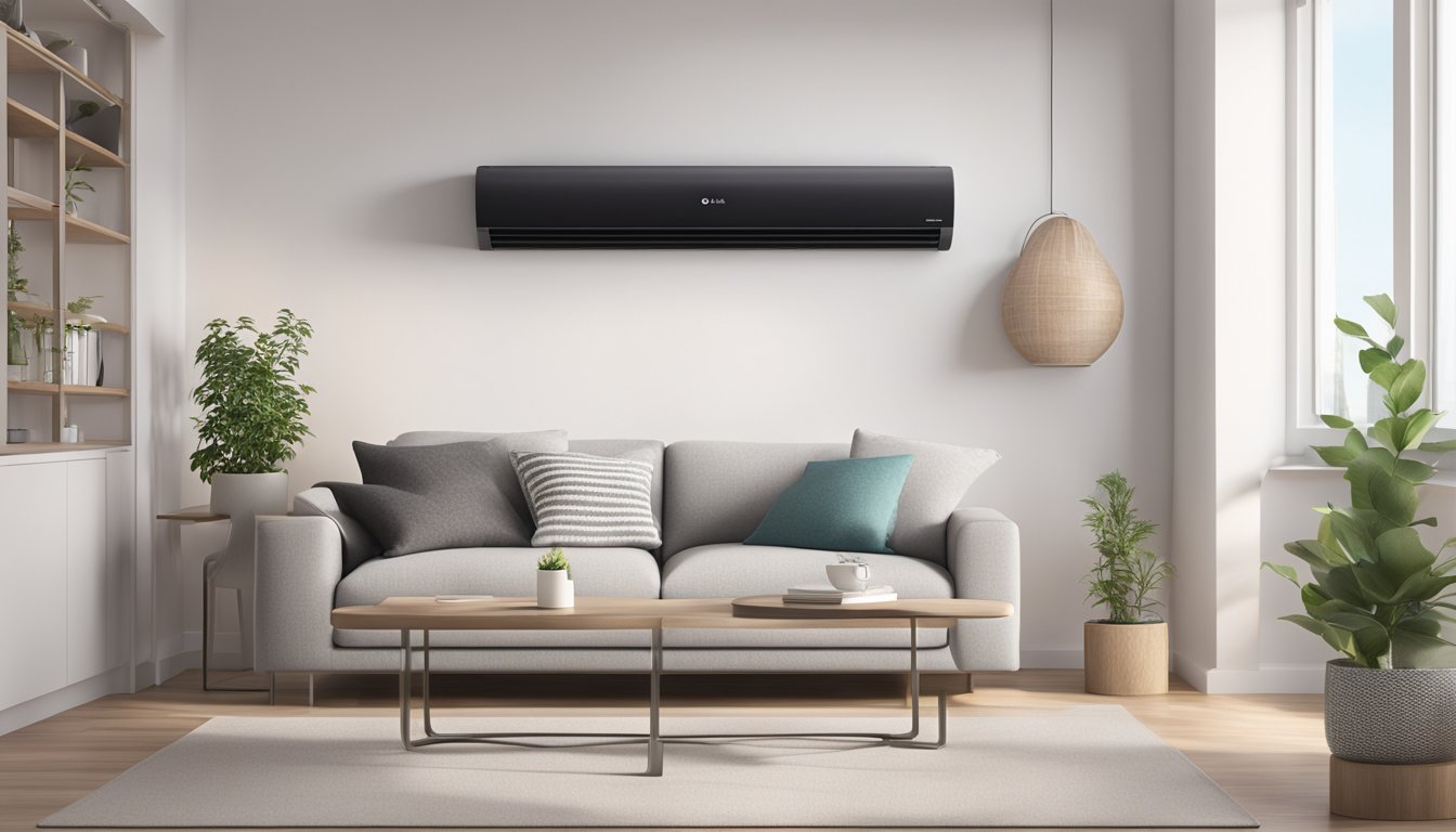 A sleek LG Art Cool air conditioner mounted on a clean, white wall, surrounded by modern decor and soft ambient lighting