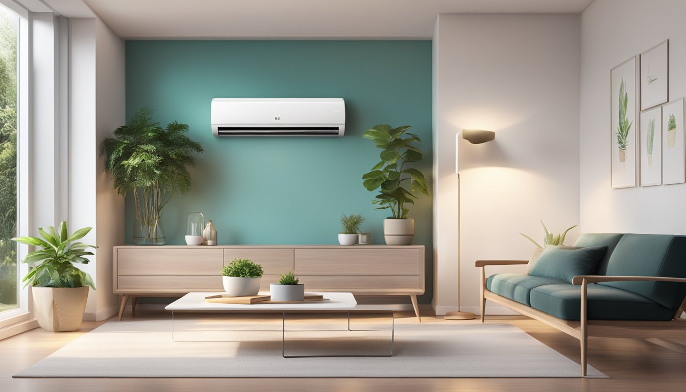 A sleek LG Art Cool air conditioner unit mounted on a white wall, surrounded by modern furniture and plants, with a soft glow emitting from its display panel