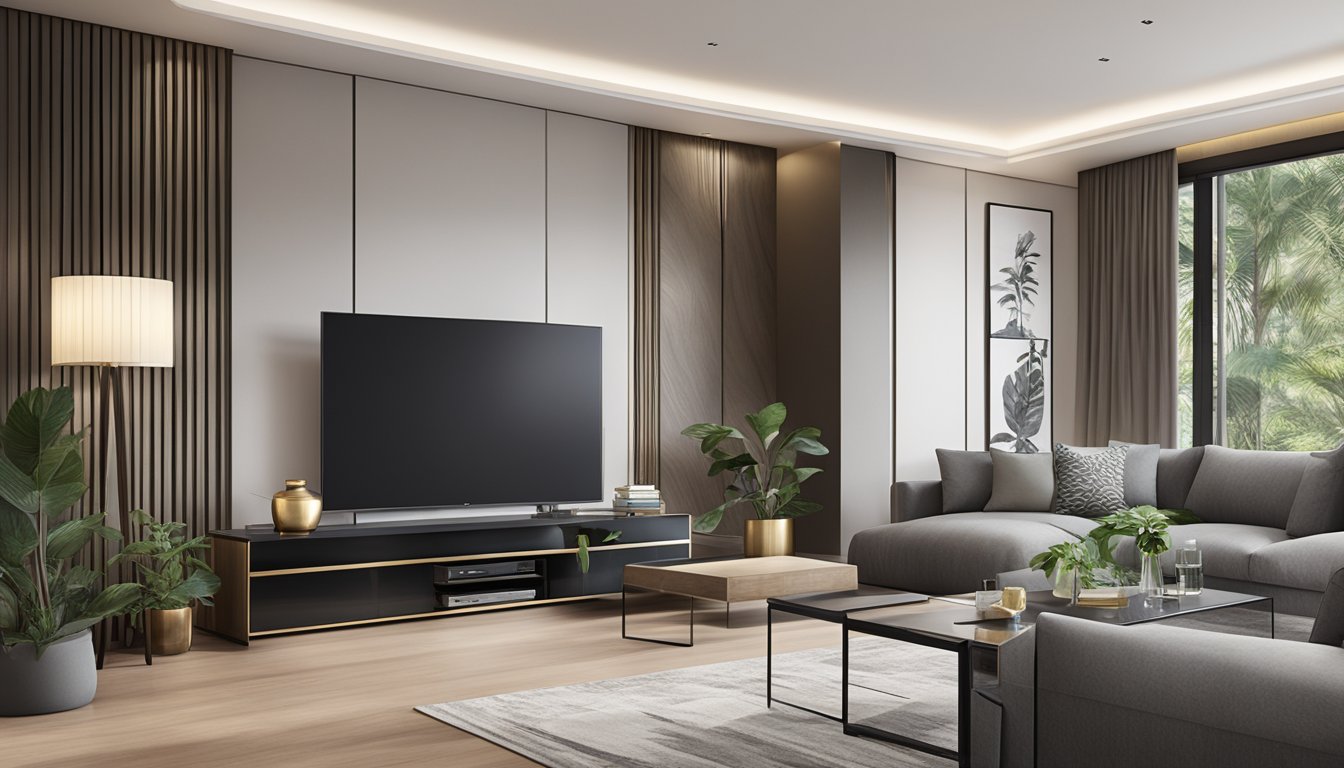 A sleek, modern TV console in a luxurious Singapore living room, with elegant design and high-quality materials