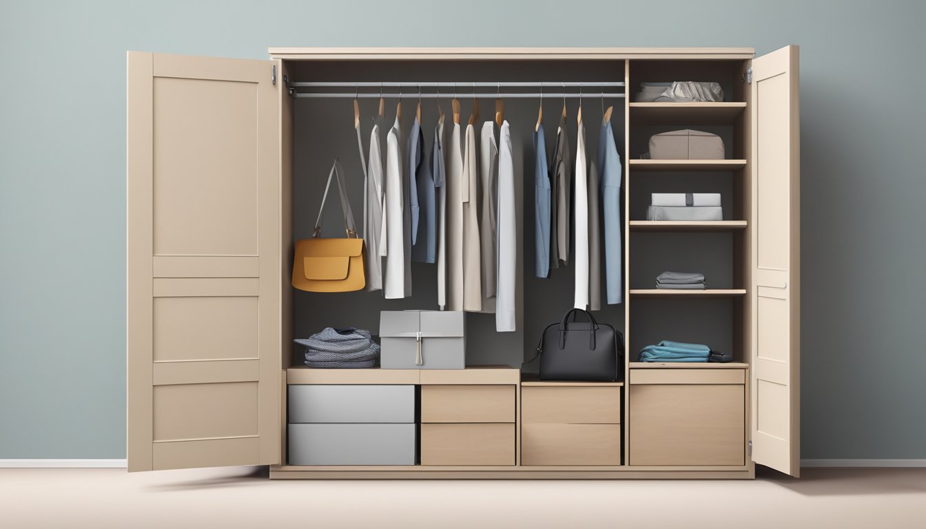 A small wardrobe stands against the wall, its doors slightly ajar, revealing the neatly organized contents within