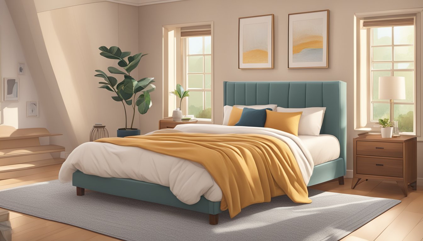 A cozy bedroom with a neatly made bed and a plush mattress set against a backdrop of soft, neutral-colored walls and warm, inviting lighting