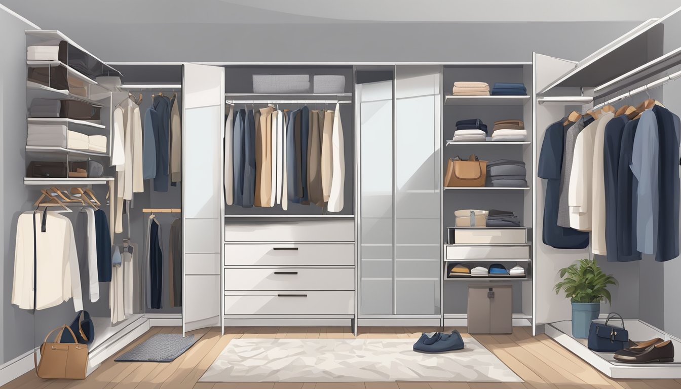 A small wardrobe filled with neatly organized clothes and accessories, with clever storage solutions to maximize the limited space