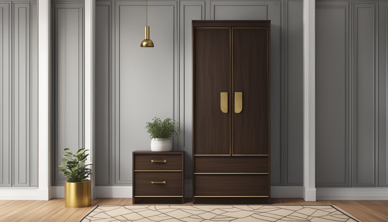 A small wardrobe made of dark wood with brass handles, standing against a white wall with a patterned rug underneath