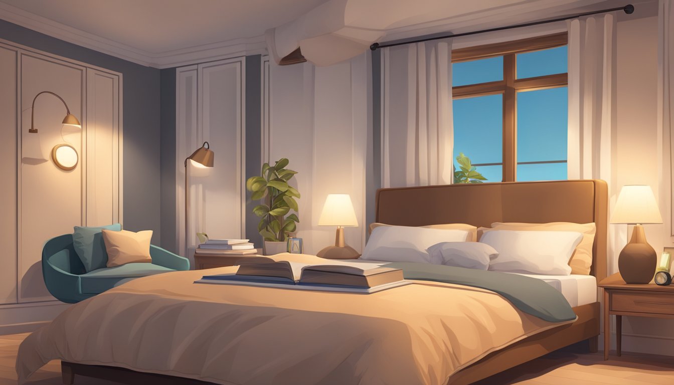 A cozy bedroom with a comfortable bed and mattress set, surrounded by soft pillows and a warm blanket. A bedside table holds a book and a reading lamp, creating a relaxing and inviting atmosphere