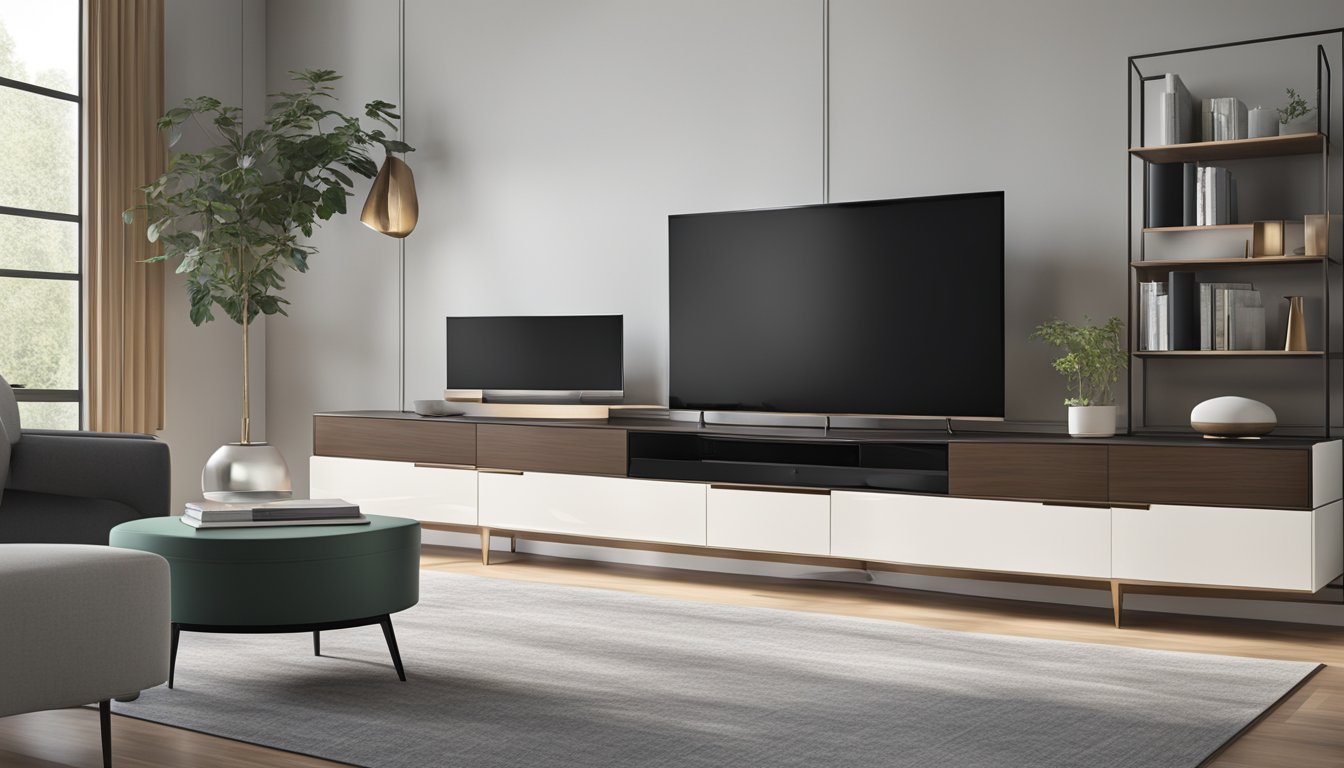 A sleek, modern TV console with clean lines and a glossy finish, adorned with minimalist decor and integrated storage compartments