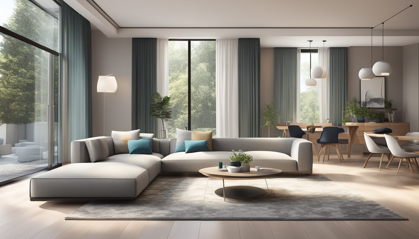 A modern living room with a minimalist color scheme, sleek furniture, and large windows letting in natural light