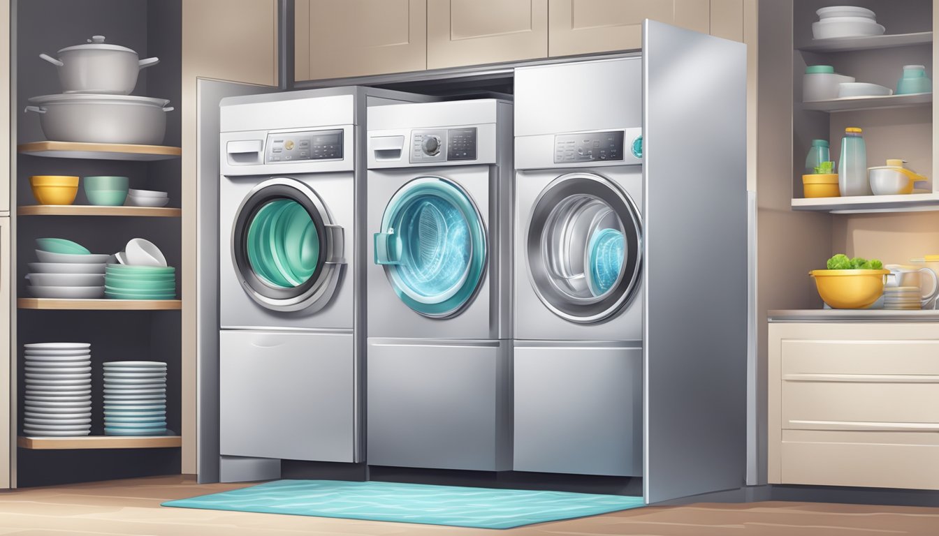 The dishwashing machine in Singapore is running, steam rising from the open door, with sparkling clean dishes stacked neatly inside