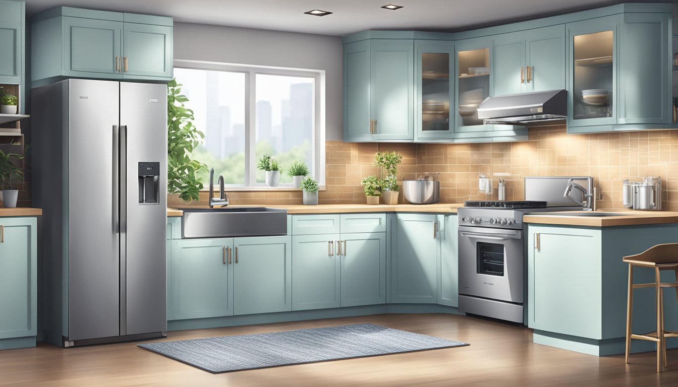 A sparkling, modern dishwashing machine in a sleek Singapore kitchen, surrounded by gleaming countertops and cabinets