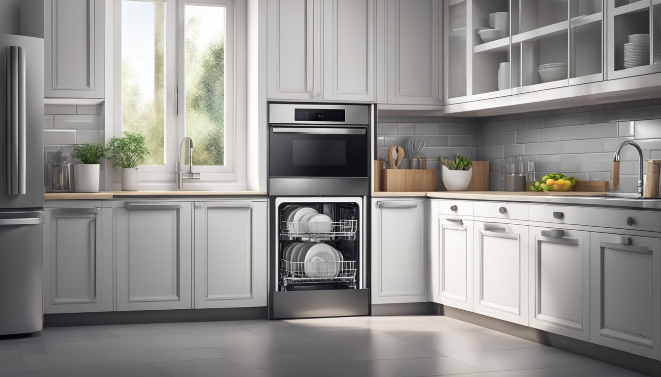 A modern, sleek dishwasher is installed in a stylish kitchen, surrounded by sparkling clean dishes and utensils. The machine is compact and efficient, with a digital display and touch controls