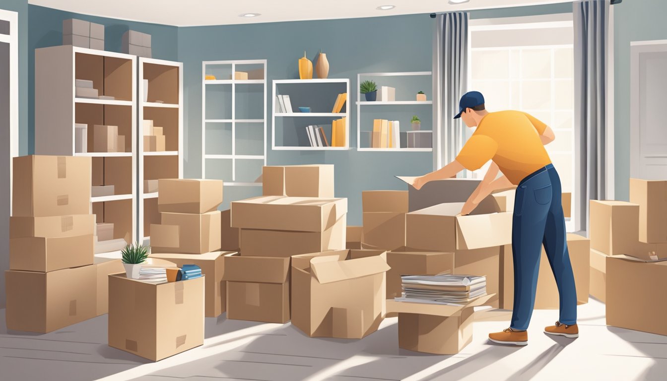 A customer unboxes and assembles furniture with ease in a well-lit, spacious room