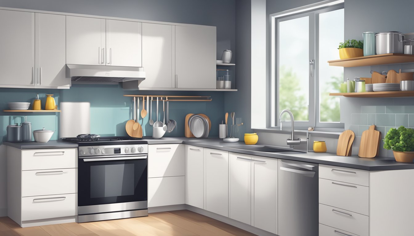 A modern kitchen with a sleek, silver dishwasher in the corner, surrounded by clean dishes and utensils neatly stacked on the countertop