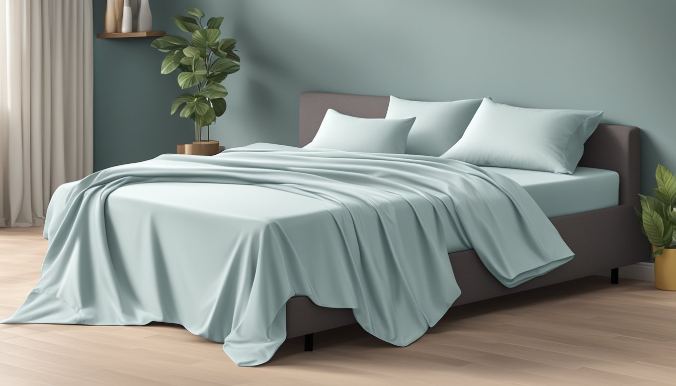 A flat sheet and a fitted sheet lie side by side on a neatly made bed, with the flat sheet spread out smoothly and the fitted sheet snugly hugging the mattress corners